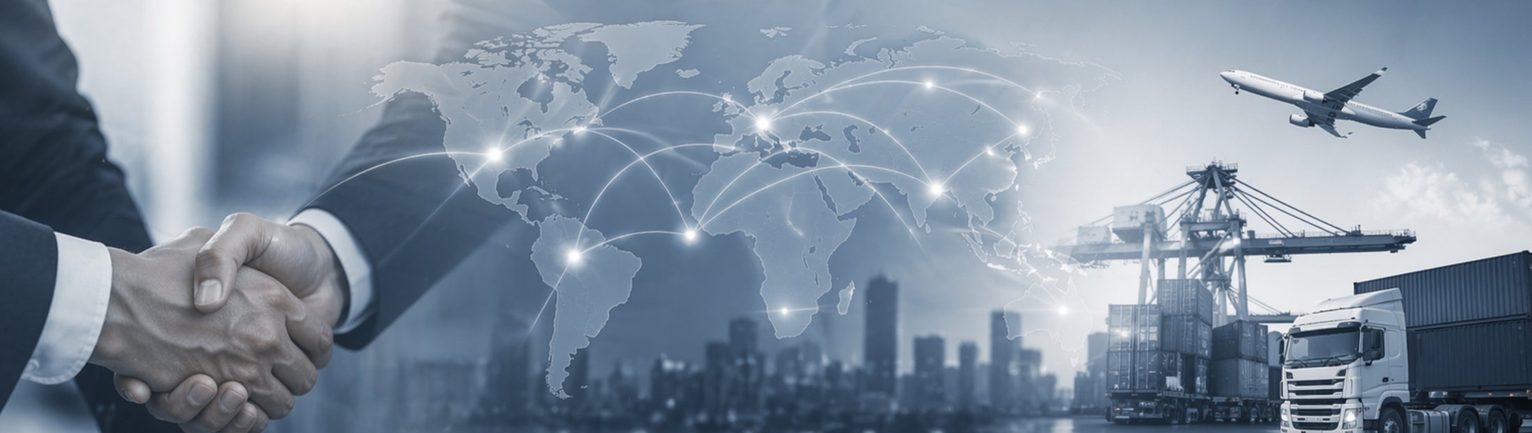 Global trade — partnership, world map, airplane, port, truck