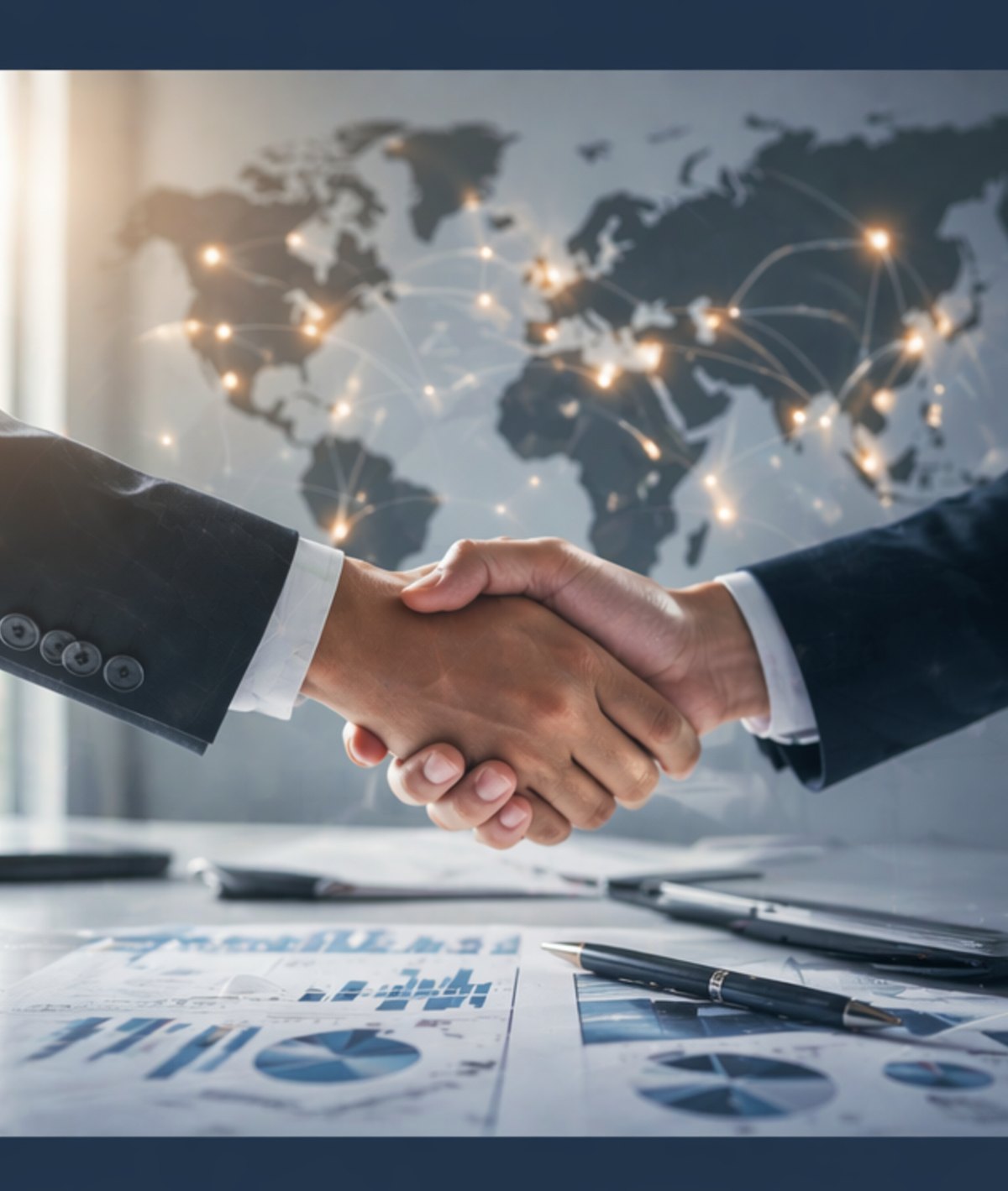 Business handshake with world map and market analytics