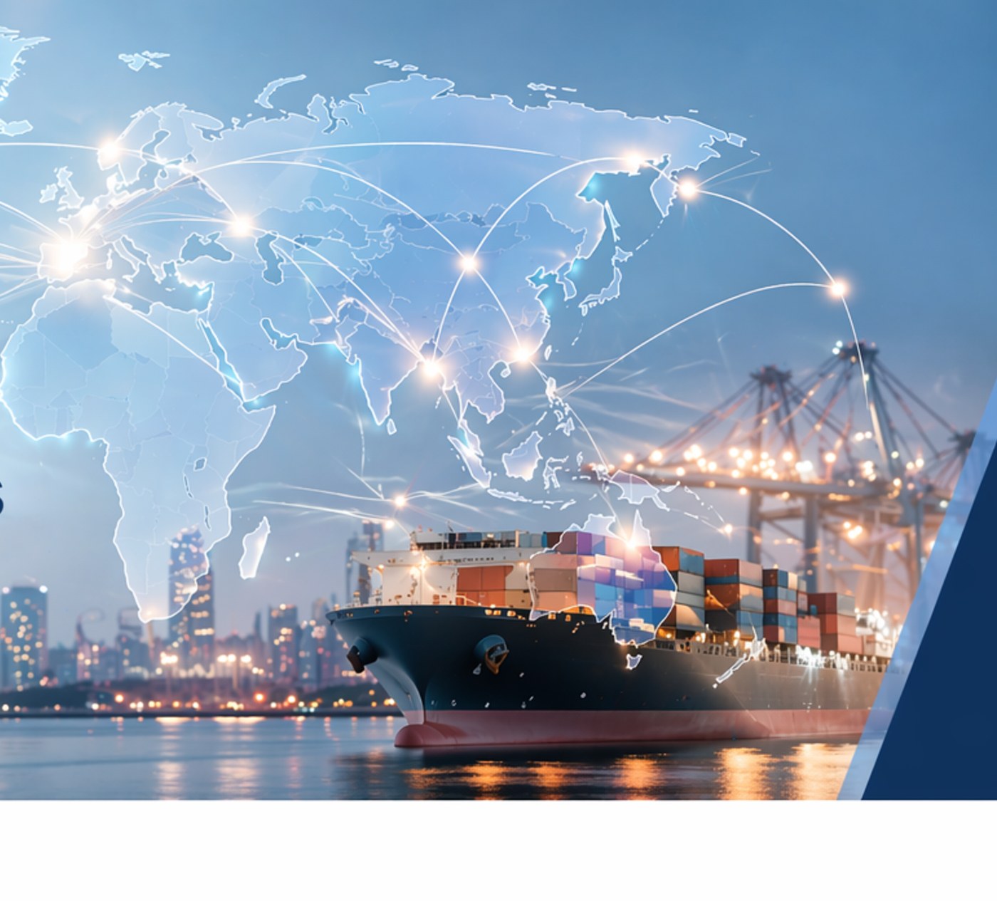 Global trade network — container ship, world map, and port city